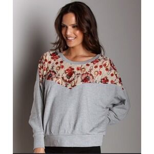 Free People XS Gray Floral Sheer Yoke Oversized Sweatshirt Pullover Top Indie